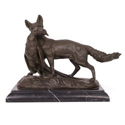 Composite figure of a fox with a pheasant in his mouth, upon a stepped marble base, H23cm, L28cm