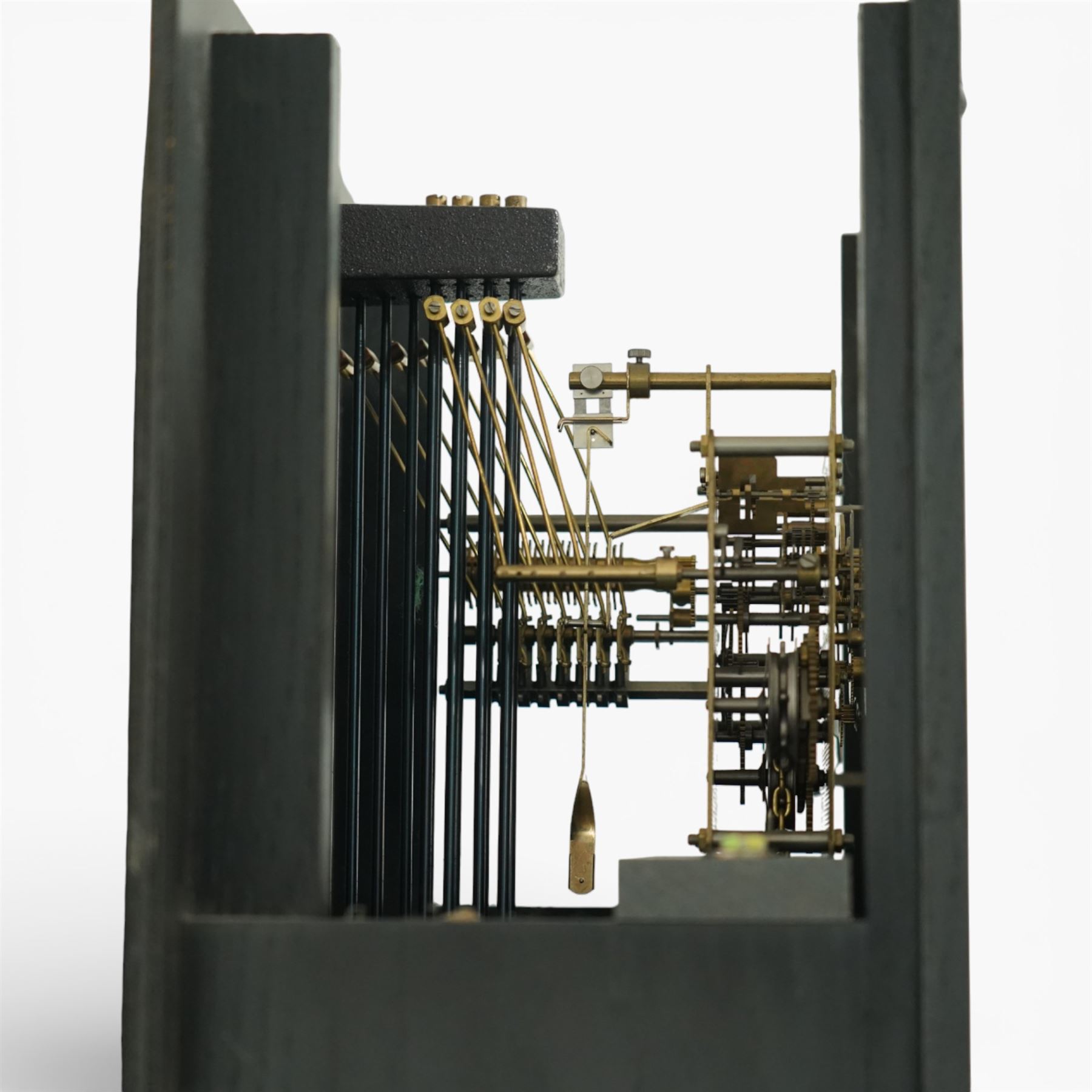 20th century Sligh longcase clock, the painted rectangular case with stepped and moulded hood enclosing a square painted dial with Roman numerals and spade hands, the trunk with single panelled door and moulded plinth base, the eight day weight driven movement with brass plates, chain driven train, anchor escapement and outside countwheel striking mechanism, issuing on a series of tuned rods with pendulum and brass cased weights