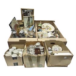 Glass ship in bottle, teawares, silver-plate and other metalware etc in five boxes