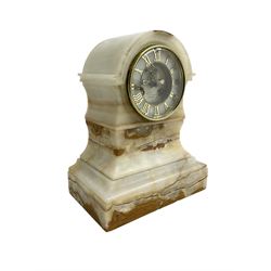 John Bennett of Cheapside London - 19th century 8-day veined alabaster mantle clock, with a French Parisian movement,  two part alabaster dial with gilt Roman numerals, trefoil steel hands and visible Brocot deadbeat escapement, rack striking movement striking the hours and half-hours on a bell. With pendulum and key.