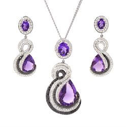 18ct white gold amethyst and diamond pendant necklace, pear cut amethyst with round brilliant cut black and white diamond swirl surround, suspended by an oval and diamond cluster, on an 18ct white gold double chain necklace, with a pair of matching 18ct white gold pendant stud earrings