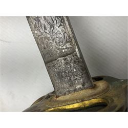 Victorian British Army officer's sword by Hobson & Sons Little Windmill Street London, the 82cm fullered steel blade etched with crowned Victoria cypher and 'HM 1st West York R.V.', lined gilded brass three-bar hilt incorporating Victoria cypher and wire-bound fish skin grip with plaited knot; in steel scabbard with two hanging rings L99cm overall