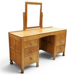 Mouseman - adzed oak kneehole dressing table with mirror, the rectangular adzed top with r...