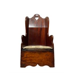 19th century mahogany and fruitwood rocking child's commode, with pierced heart to shaped cresting, removable seat with cushion