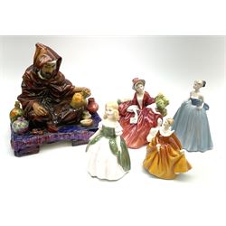 A group of figures, comprising Royal Doulton 'The Potter' HN1493, Royal Doulton 'Lydia' HN1908, Royal Doulton 'Penny' HN2338, Royal Doulton 'Fragrance' HN3220 and Coalport 'Debutantes Nina'