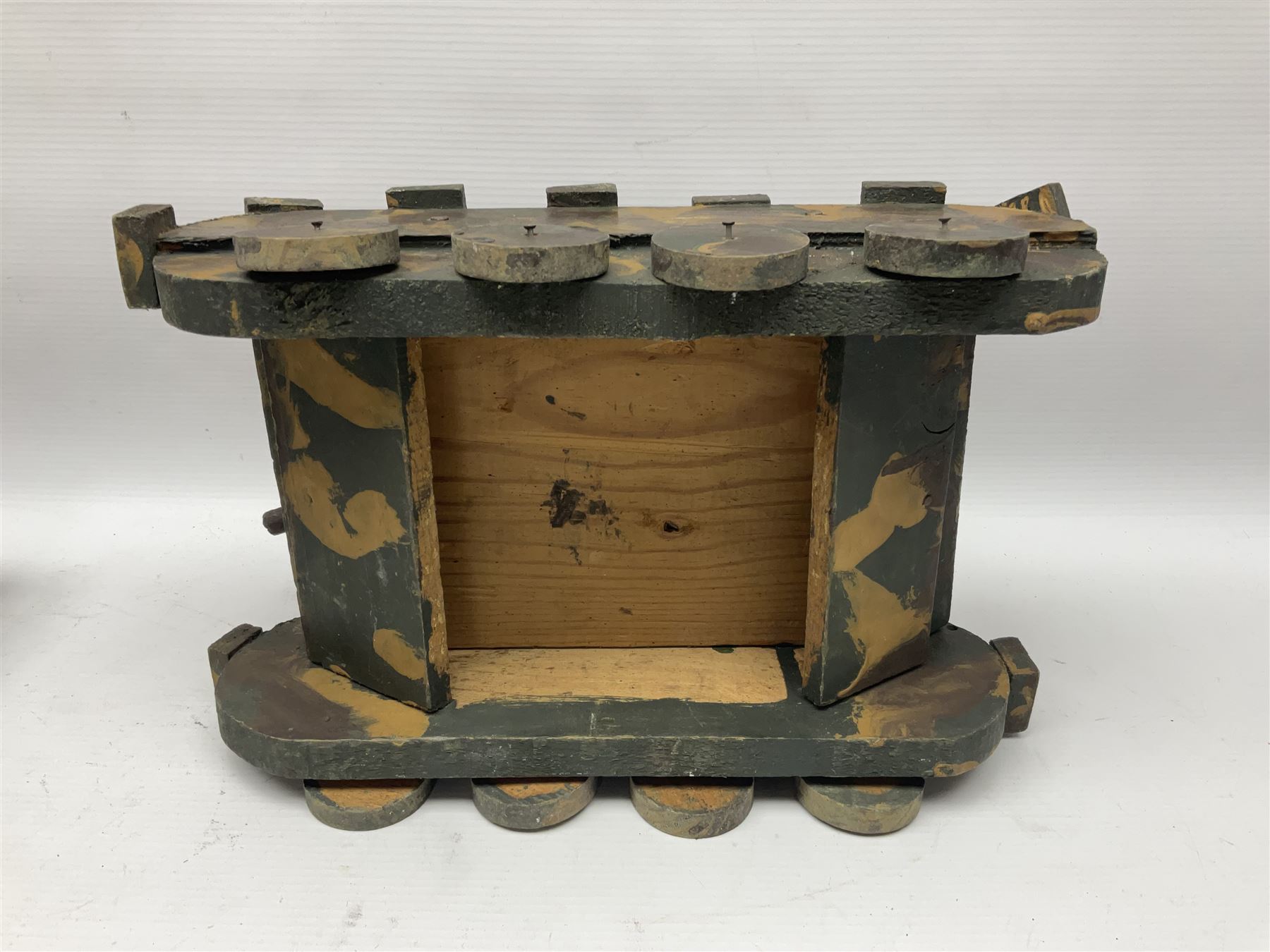 1940s French wooden eight wheel model FFI free tank, painted in brown camouflage, together with a 1940s wooden scratch built model of a landing craft, tank H18cm, W31cm