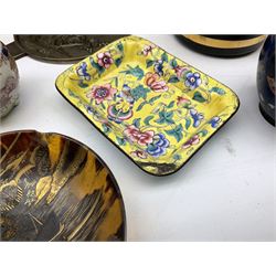 Collection of Japanese items, to include cloisonné trinket dish, The art of Chokin dish and lid, plate with floral and bird decoration, silk fan etc