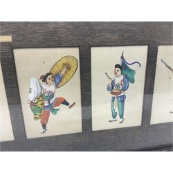 Set of Chinese rice paper figural paintings, in three wooden frames, fale H20cm, L56cm