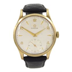  Omega gentleman's 9ct gold manual wind presentation wristwatch, Cal. 265, Ref. 13322, serial No. 12413819, silvered dial with subsidiary seconds dial, Birmingham 1952, on black leather strap
