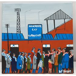 William Findley Burns (Northern British 1949-): The Manchester Derby, oil on canvas signed 30cm x 30cm (unframed)