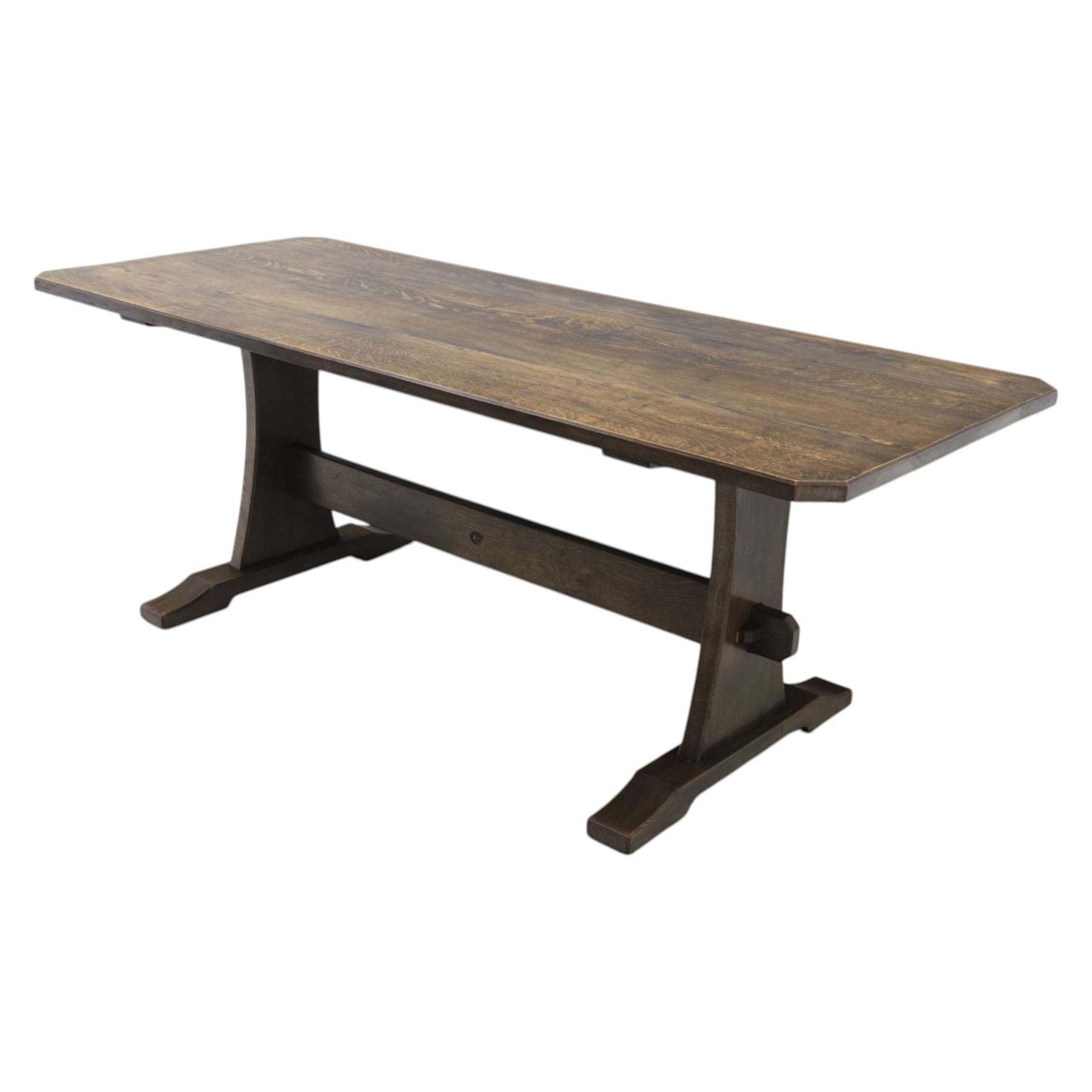 Acorn Industries - country oak kitchen or dining table, rectangular top with canted corners, shaped pedestals with joining pegged stretcher, Acornman signature