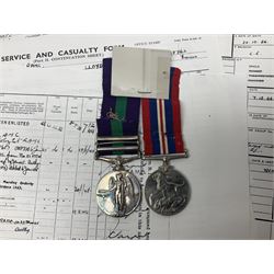 George VI General Service Medal with two clasps for Palestine 1945-48 and Cyprus and MID oak leaf awarded to 14887162 Sjt. C.F.A. Lloyd R.A.M.C. together with WW2 War Medal 1939-1945; both with ribbons; and quantity of photocopied research material including Army Records and London Gazette