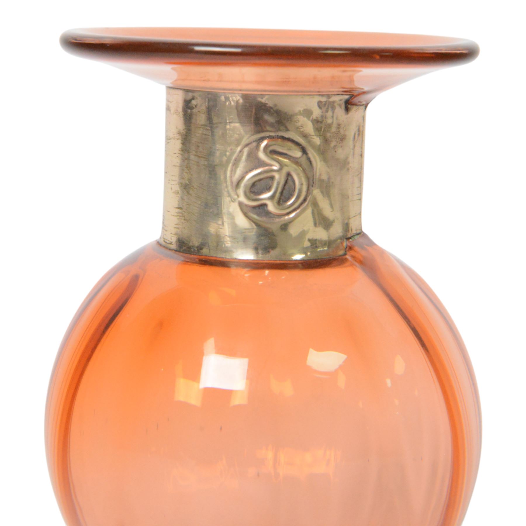 Anthony Stern (British 1944-2022); hand blown orange art glass vase with a metal collar, signed beneath, H15cm