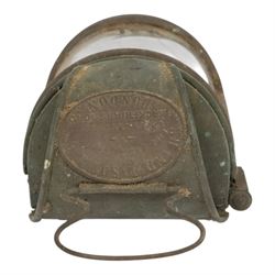 20th century brass and copper carriage lantern, with curved glass front, the brass oval plaque with details for Shand Mason & Co Fire Engine makers, Upper Ground Street, Blackfriars Rd, London, H32cm