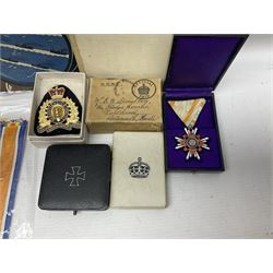 Japanese Order of the Sacred Treasure Medal (Zaihosho) in lacquered box; Norwegian Grunnlovsdag 1945 Medal with National Flag ribbon; three school attendance medals; four Royalty commemorative medals including both Victoria jubilees; quantity of medal ribbons and medal bars; medal issue boxes; badges; booklets etc