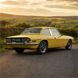 1973 Triumph Stag Mk II 3.0 V8 Manual with Overdrive

Registration: FTV 859L
Date of first registration: 8th March 1973
Recorded mileage: approximately 50,000 miles
Engine: 2,997cc petrol V8
Transmission: four-speed manual with overdrive

An attractive manual-overdrive example of Triumph’s celebrated V8 grand tourer, finished in yellow and supplied with both a removable hardtop and folding soft top.

The car has been the subject of extensive restoration and mechanical work, supported by a large history file containing invoices, notes and photographs documenting the work undertaken. The accompanying records indicate that the engine was rebuilt at approximately 36,000 miles, including re-boring of the block, checking and machining of the top faces, and steam cleaning following machining.

Further work and replacement parts are understood to include an upgraded radiator, electric cooling fan, Stag Webber header tank kit, complete set of cooling hoses and clips, fuel pump and filters, alternator, distributor cap, HT leads, spark plugs, front brake calipers and hoses, rear brake cylinders, tyres, front lights and LED bulbs. Various seals, interior trim items and seat components have also reportedly been renewed.

The car is believed to have been dry-stored from 1994 until 2017, with a substantial programme of recommissioning and improvement subsequently undertaken between 2017 and 2023. The history file also includes earlier MOT certificates dating from 1988 to 1994.

Offered with its V5C, hardtop, soft top, extensive restoration and maintenance history, photographic record and a quantity of useful spare parts, including a new dashboard veneer set.