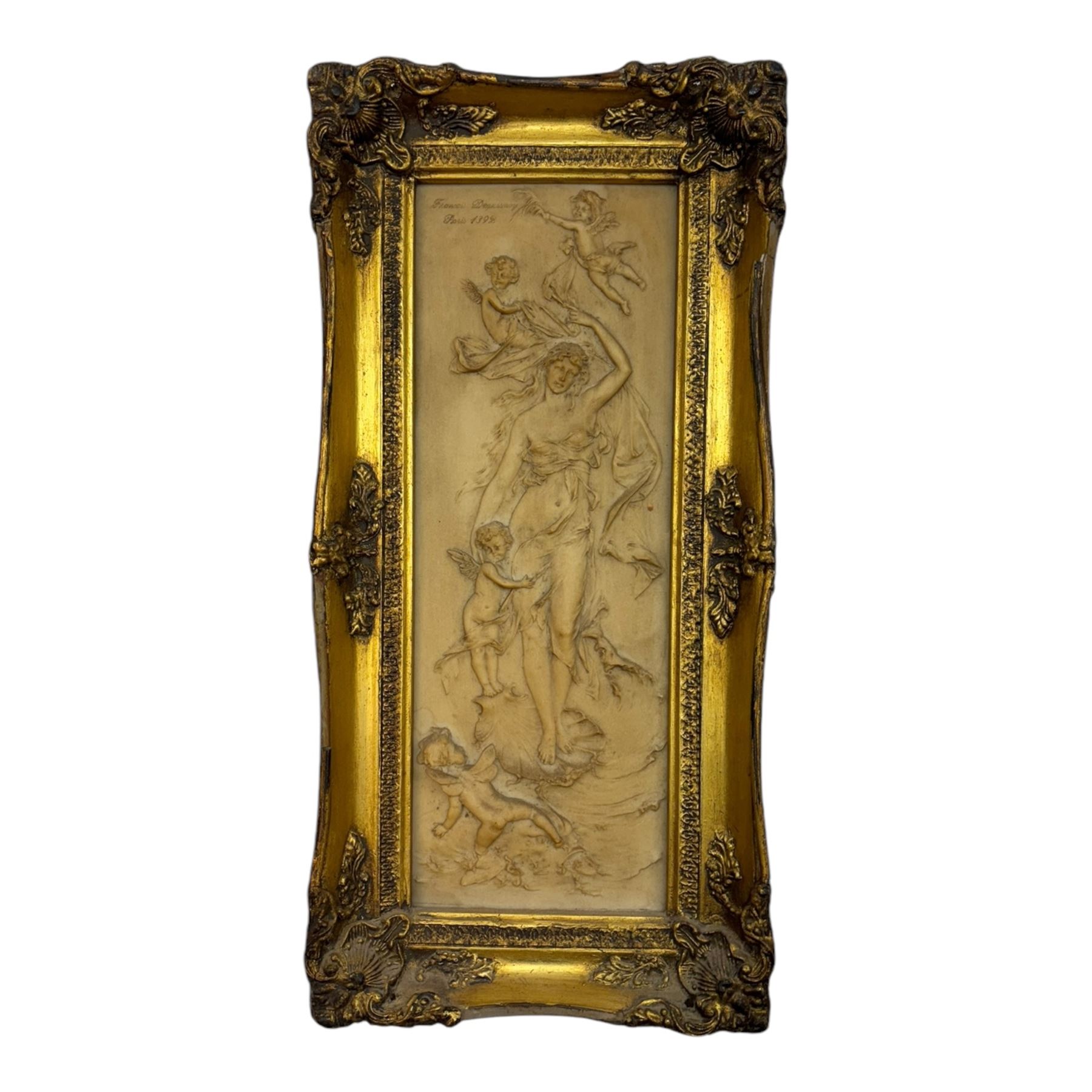 Composite relief panel, after Francois Duquesnoy, depicting a nymph and four putti, together with a further composite relief plaque depicting a Satyress with child, both in ornate gilt frames, tallest H54cm