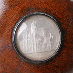 York Minster - 19th century commemorative wooden box the circular cover inset with a medallion of York Minster 1829, the reverse inscribed 'The Choir of York Minster destroyed by Fire Febry 2nd 1829' D10.5cm