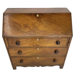 George III mahogany bureau, the fall front enclosing interior fitted with pigeon holes, drawers and cupboard, three graduating drawers below, with ivory escutcheons, shaped apron on bracket feet 

This item has been registered for sale under Section 10 of the APHA Ivory Act
