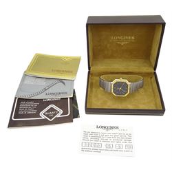 Longines gentleman's stainless steel quartz presentation wristwatch, black dial with date aperture, on original stainless steel bracelet, with certificate dated 1980