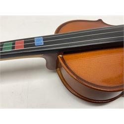 Four student violins - two Chinese three-quarter size with 33.5cm and 34cm two-piece backs; Stringers of Edinburgh quarter size with 28cm two-piece back; and Stentor quarter size with 28cm two-piece back; each in carrying case (4)