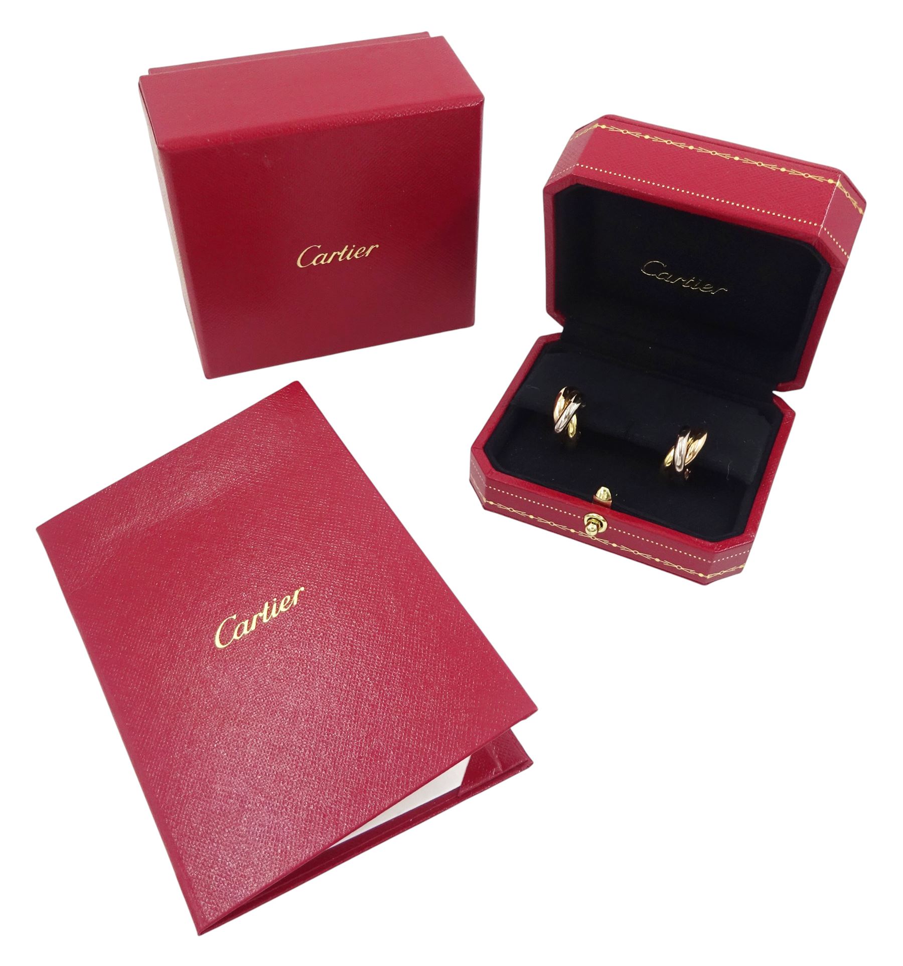 Cartier Trinity gold hoop earrings, each stud with 18ct rose, white and yellow gold intertwined rings, boxed with certificate 