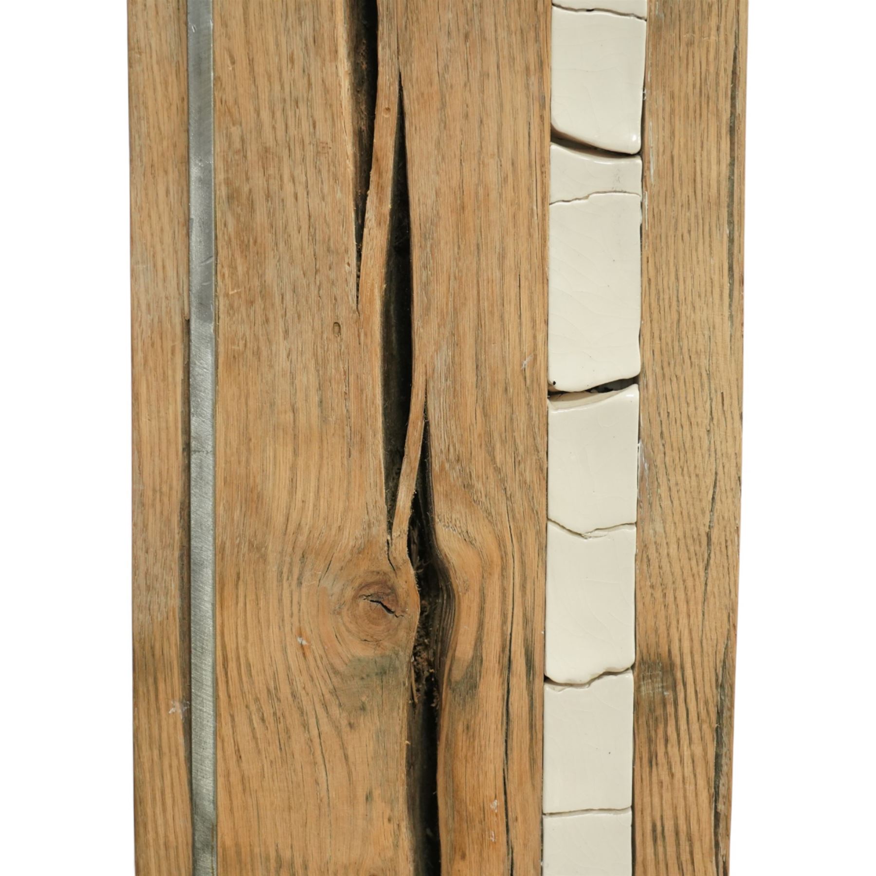 Sophie Olivier (French 1978-): ‘Amour’, 3D sculpture depicting Man & Woman, constructed from driftwood sections with inset ceramic elements and metalwork frames, mounted on a stepped metal base, applied with artist’s plaque and dated 2017