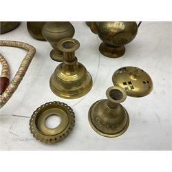 Two brass hookah pipes, and quantity of brass Arabic Dallah coffee pots and other brassware