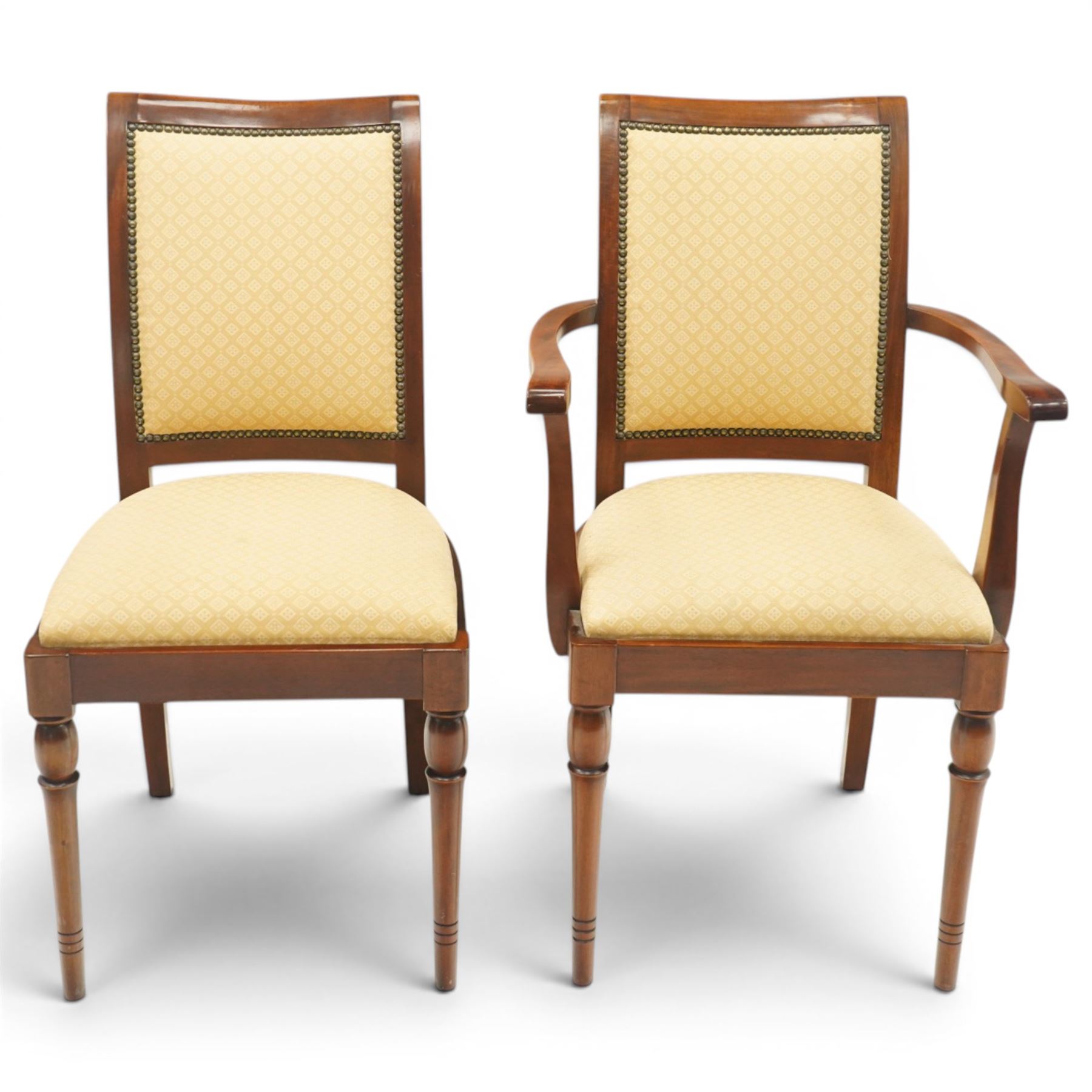 Georgian design mahogany twin pedestal extending dining table, rectangular rounded top on twin tripod pedestals with splayed supports, with additional leaf (W170cm D115cm H77cm); with set six (4+2) matching mahogany framed cameo-back dining chairs, upholstered in pale yellow lozenge patterned fabric (W57cm H94cm)