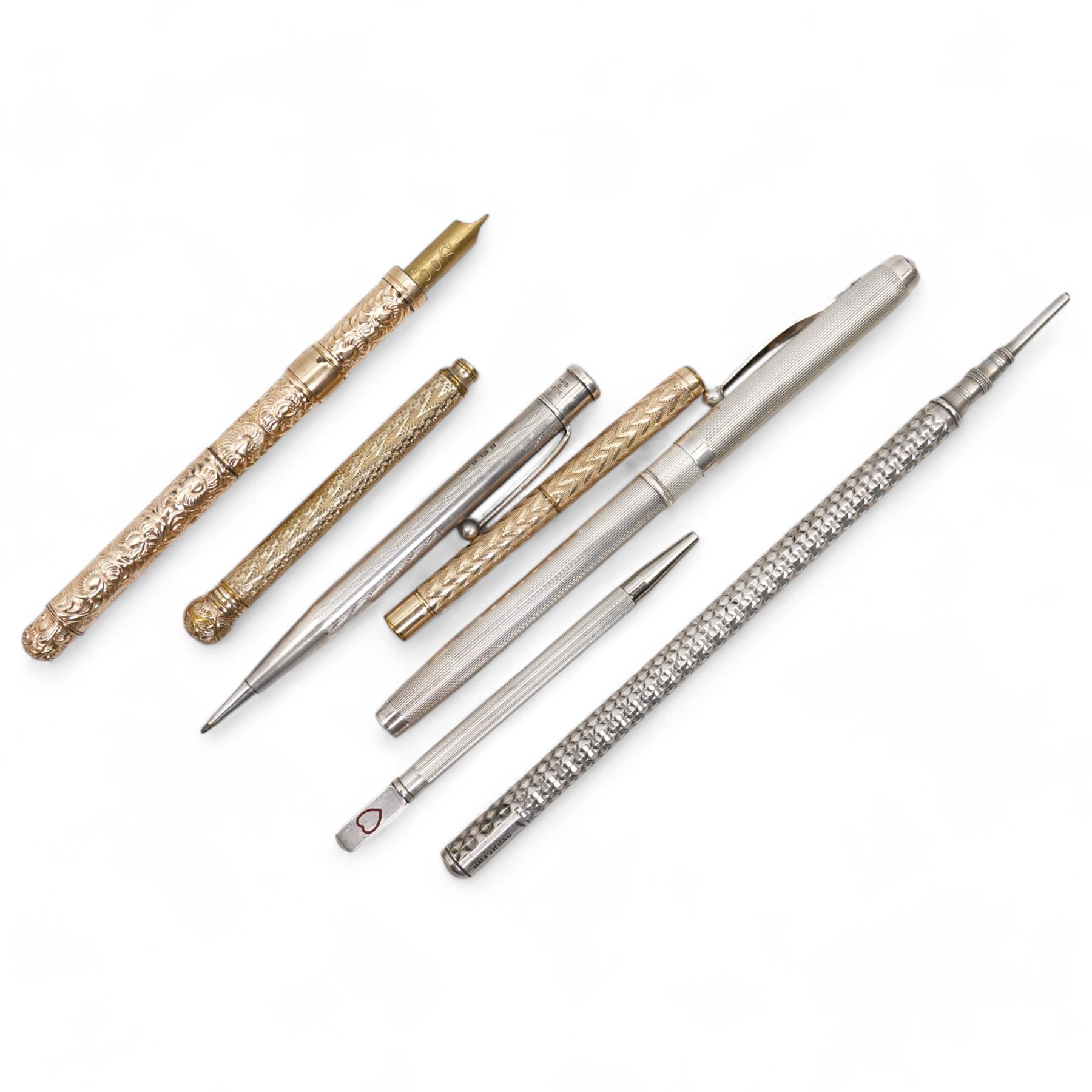 Propelling pen/pencil in gilt metal embossed case, Yard o Lette silver pencil,  silver bridge marker, two other silver pencils and two rolled gold pencils