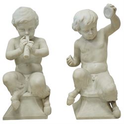Follower of Claude Michel Clodion (French 1738-1814): The Putti-Faun Orchestra - set of four Italian carved white marble figures of child satyrs as musicians, each finely carved figure depicting a seated putto-faun with youthful features and small goat’s legs and cloven feet, variously playing rustic instruments: a syrinx (Panpipes), a flute, a tambourine and clappers - each raised on an integral waisted square plinth, Italian, circa 1900

Provenance: Kirkham Hall

Notes: Inspired by the rustic god Pan and his followers, these putti-fauns reflect the late-19th-century revival of classical themes popular with Grand Tour collectors; their instruments evoke the god Pan’s pastoral music, while the carving and  composition exemplify the appeal of bacchic subjects in the Italian neoclassical tradition