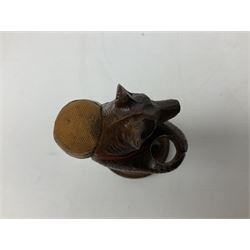 19th century wooden beehive thimble holder with silver bee decoration, black forest style pin cushion and thimble holder, modelled in the form of a standing bear and a wooden cased sewing set with silver thimble, sewing set H10cm