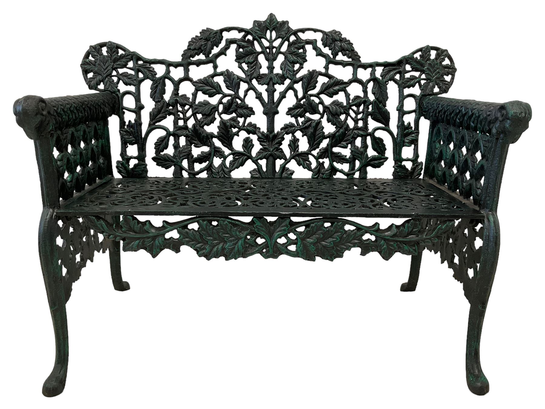 Victorian design cast iron bench, tailing oak leaf and branch pattern, rams head arm terminals