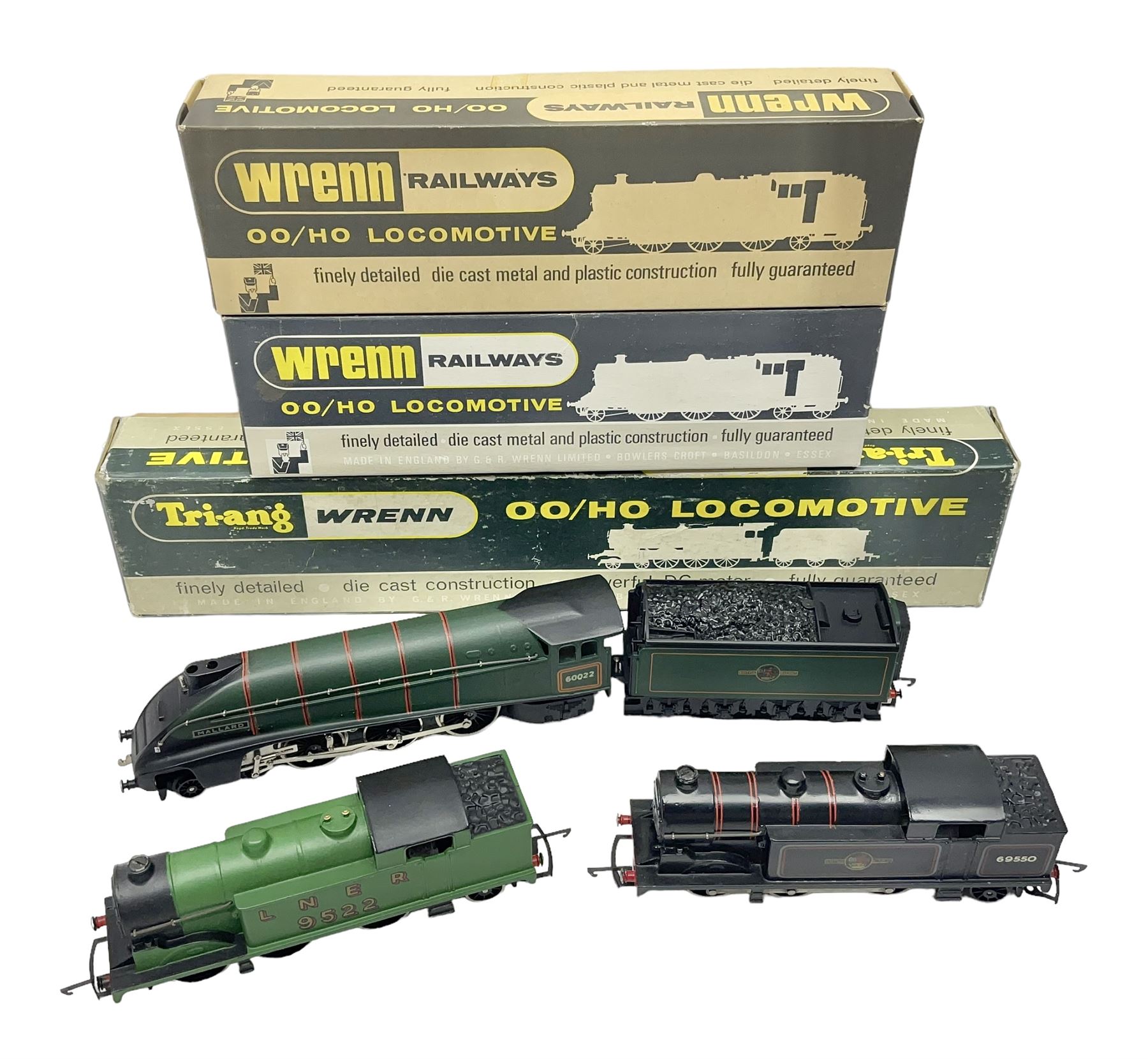Wrenn '00' gauge - two Class N2 0-6-2 tank locomotives - No..9522 in LNER Light Green in original box with instructions; and No.69550 in BR Lined Black in associated Wrenn box with instructions; together with Tri-ang Wrenn '00' gauge Class A4 4-6-2 locomotive 'Mallard' No.60022; boxed (3)