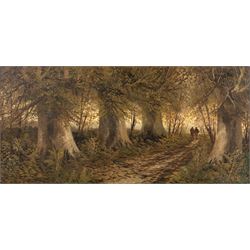English School (19th/20th century): Figures Strolling Through Dense Forest, pair of oils on canvas indistinctly signed 29cm x 60cm (2)
