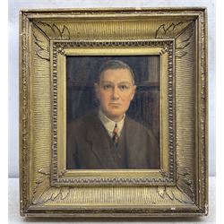 Mary Hill (British 1870-1947): Portrait of 'John Percival Hill Esq', oil on panel signed with initials and dated 1926, titled verso 24cm x 20cm 