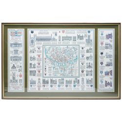 Denis Mason Jones (British 1918-2010): 'The Heritage Buildings of Cambridge' and 'The Heritage Buildings of the City of Leeds', pair pictorial colour maps 45cm x 75cm (2)