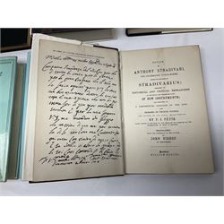 Fourteen books on violins and violin makers including Henley William: Universal Dictionary of Violin and Bow Makers. Five volumes. 1959/60. All first editions with dustjackets; Jalovec Karel: Encyclopaedia of Violin Makers. Two volumes. 1968. Vol.1 with d/j; Heron-Allen Ed.: Violin making As It Was, And Is. Two copies 1984 & 1991. Both with d/j; Henley W.: Antonio Stradivari. 1961; Fetis F.J.: Anthony Stradivari Celebrated Violin Maker. 1964 facsimile edition; Boyden David D.: catalogue of the Hill Collection of Musical Instruments in the Ashmolean Museum. 1979; and two others (14)