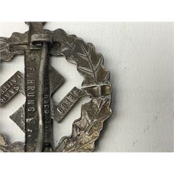 Two WW2 German Sports badges - SA sports badge marked verso 'W.Redo Eigentum D. Obersten SA. Fuhrung Saar Lautern'; and DRL sports badge marked verso 'Wernstein Jena D.R.G.M. 35269' (2)