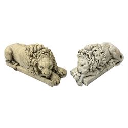 Two early 20th century reconstituted stone Grand Tour or Chatsworth House type lions after Antonio Canova, each modelled in recumbent pose upon a rectangular plinth, signed to plinth Dilettanti, each approximately L31cm