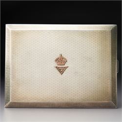 Royalty Interest - Engine turned silver cigarette case with gold crowned cypher, the gilded interior with a greetings card signed 'Edward' and an Egyptian cigarette 11cm x 8cm Birmingham 1925 Maker Adie Bros. Ltd in the original gilt tooled leather case marked 'Hartley, 45 Albemarle St., London'