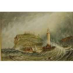  English School (19th century): Stormy Seas Whitby, watercolour with scratching out unsigned 17cm x 24cm 'Waterloo Cottages Ruswarp', watercolour titled 10cm x 16cm (2)  