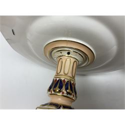 Devonport imari pattern comport set, comprising two tall comports and three low comports, together with twin handled pedestal ovoid vase, decorated with landscape with gilt swan handles, vase H25cm