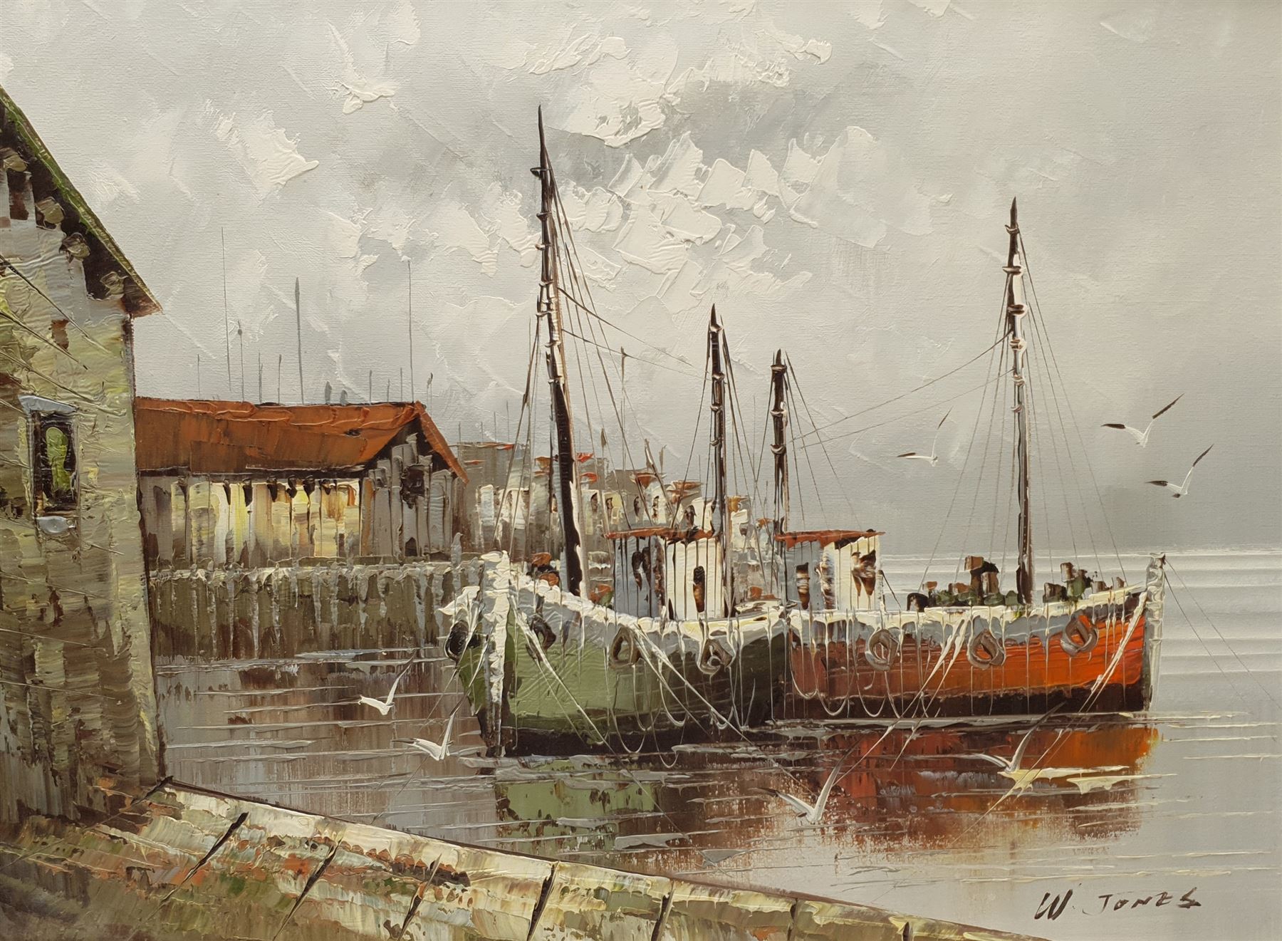 W Jones (20th century): Harbour Scene, oil on canvas signed 45cm x 60cm; I Cafieri: Landscape, oil on canvas signed 50cm x 60cm (2)
