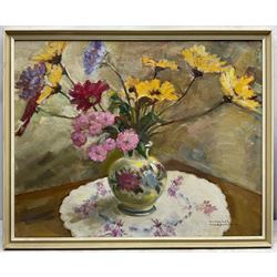 Margaret Micklethwaite (Hull 20th century): Still Life of Flowers, oil on artist's board signed, artist's 'Cottingham' address label verso 40cm x 50cm
Notes: Micklethwaite was active in the 1960s and her works included in the Beverley Art gallery collection