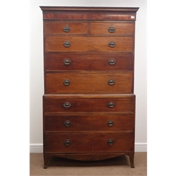  Early 19th century mahogany chest on chest, projecting cornice, two short drawers and six long graduating drawers, shaped apron and bracket supports, W107cm, H186cm, D52cm  