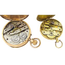 Early 20th century 14ct gold half hunter Swiss lever pocket watch, white dial with Roman numerals and subsidiary seconds dial and an 18ct gold open face cylinder pocket watch, both stamped