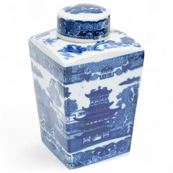 Large Spode Italian blue and white jug H23cm, 20th century Delft vase and cover decorated with landscape and floral design H38cm, Ringtons Tea Merchants blue and white tea caddy H20cm and a Ringtons jug (4)