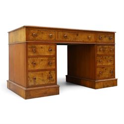 19th century burr walnut twin pedestal desk, rectangular top inset tooled green leather insert with moulded edge, frieze with three drawers with turned wooden pulls, raised on pedestal bases, containing three graduated drawers raised on plinth bases with castors