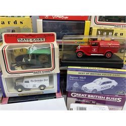 Eight Vanguards die-cast models by Corgi, Hornby and Lledo including Land Rovers, Ford Anglia and Triumph; together with thirteen other modern die-cast models by Bburago, Oxford, Atlas, EFE, Solido etc; all boxed; and small quantity of unboxed and playworn models
